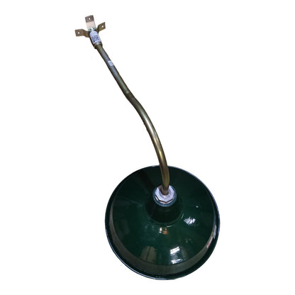 A vintage-style green dome lamp shade with a curved brass neck and a metal ground clip on a plain white background.