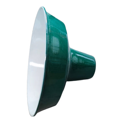 A green funnel-shaped light reflector with a white interior, shown from a side profile view against a plain white background.
