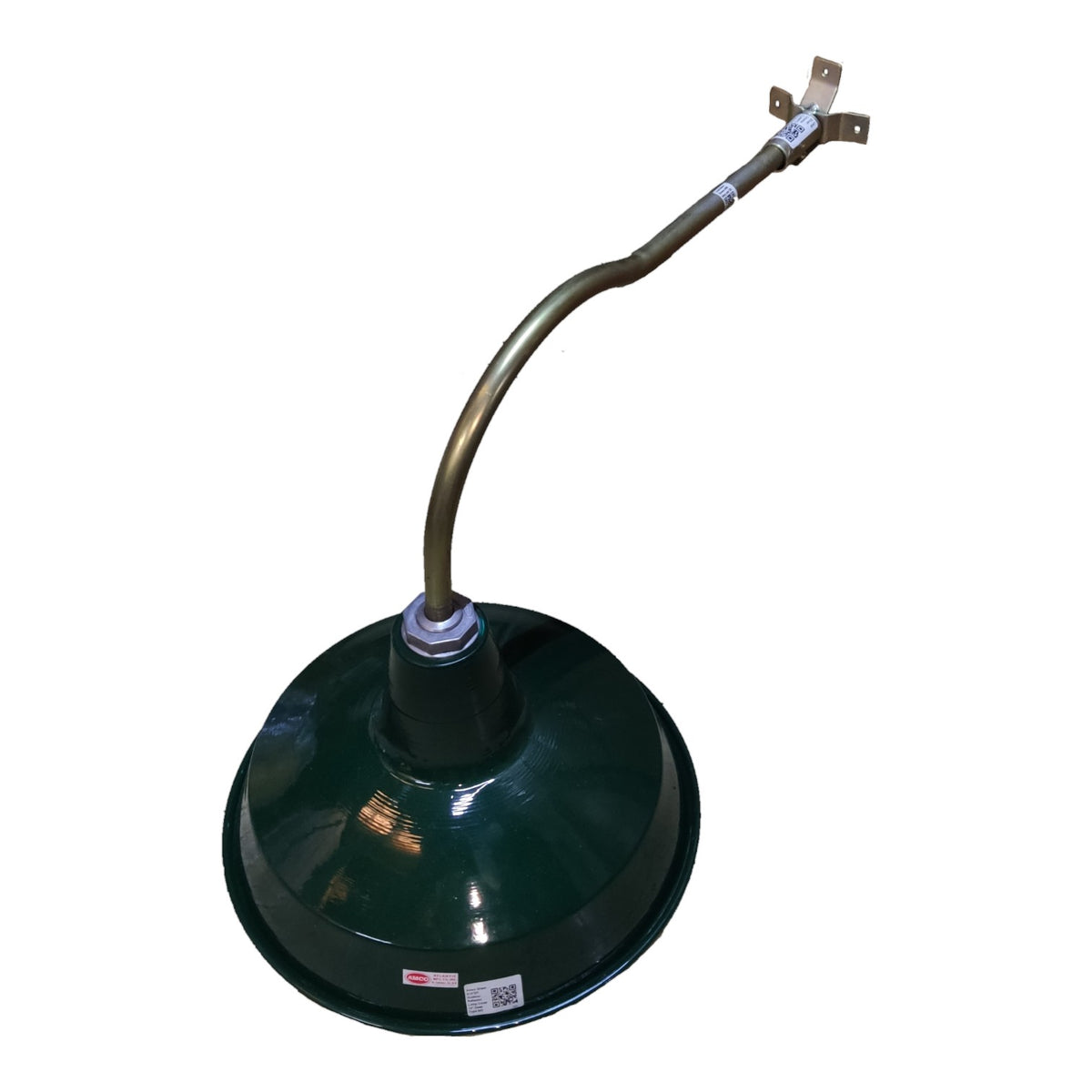 A dark green metal dome-shaped lamp or light fixture with a curved brass-toned arm and a small wall-mounted bracket at the top, shown on a plain white background.