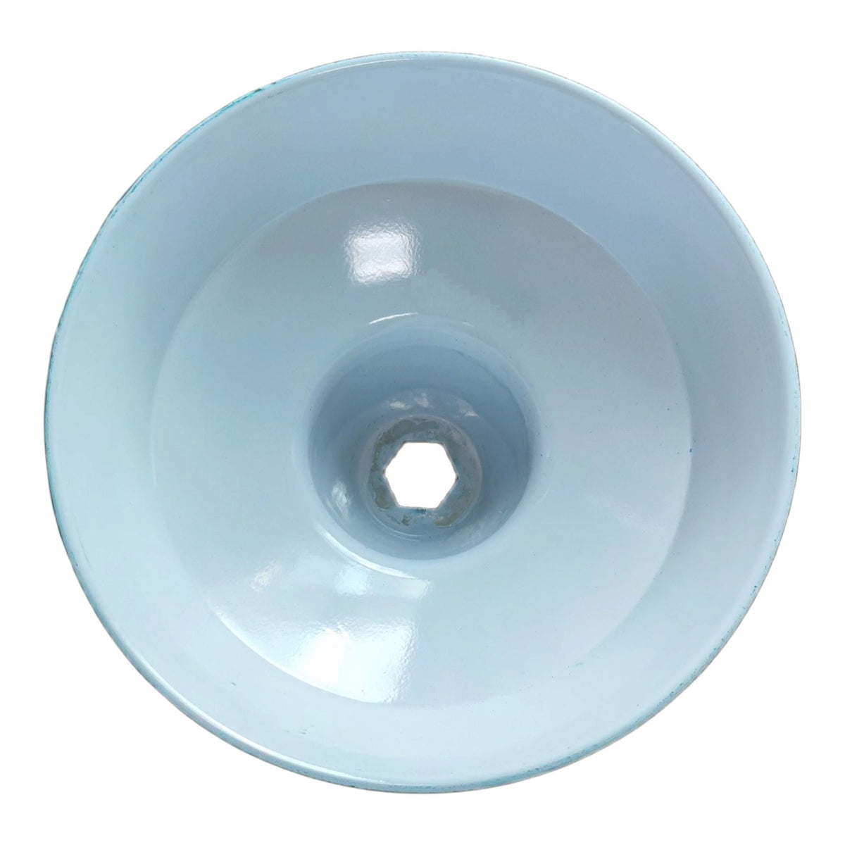 A light blue ceramic lamp shade or decorative bowl viewed from directly above on a white background.