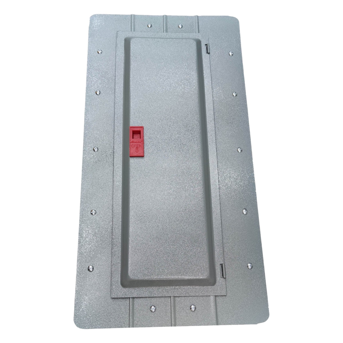 Gray rectangular metal plate with a red square on a white background