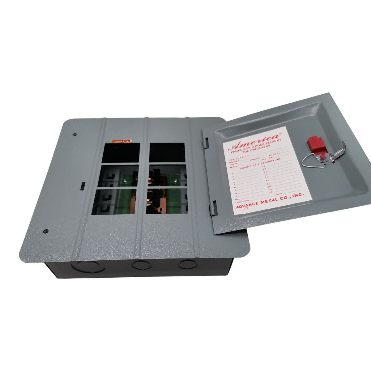 Electrical panel with open cover showing internal components on a white background