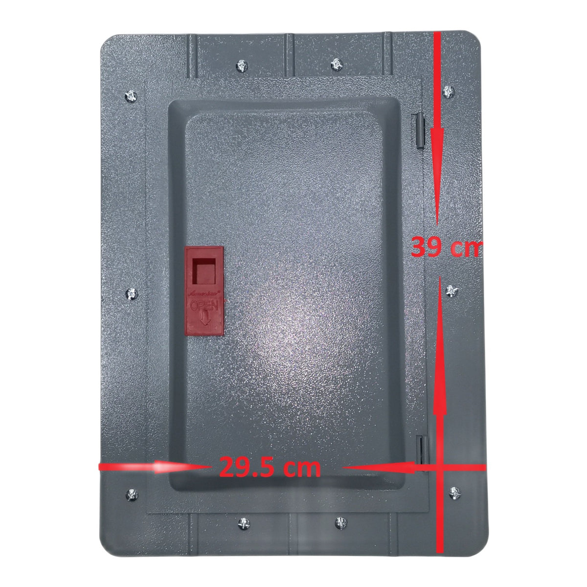 Gray rectangular object with red measurements on a white background