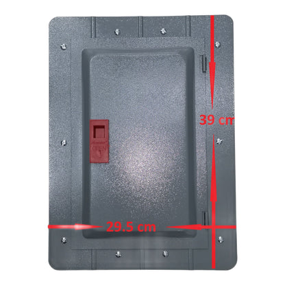 Gray rectangular object with red measurements on a white background