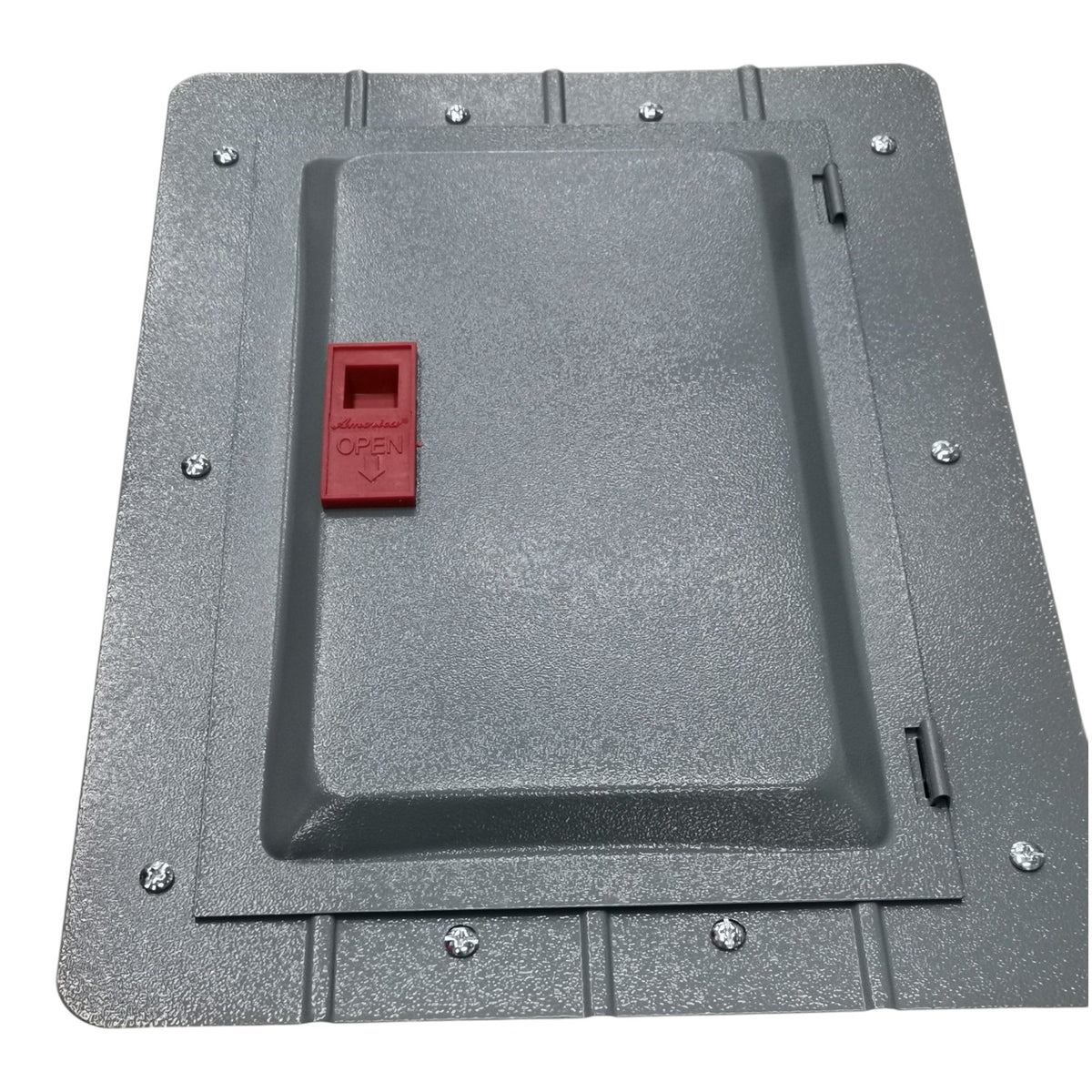 Gray rectangular lid with a red 'Open' button on a white background