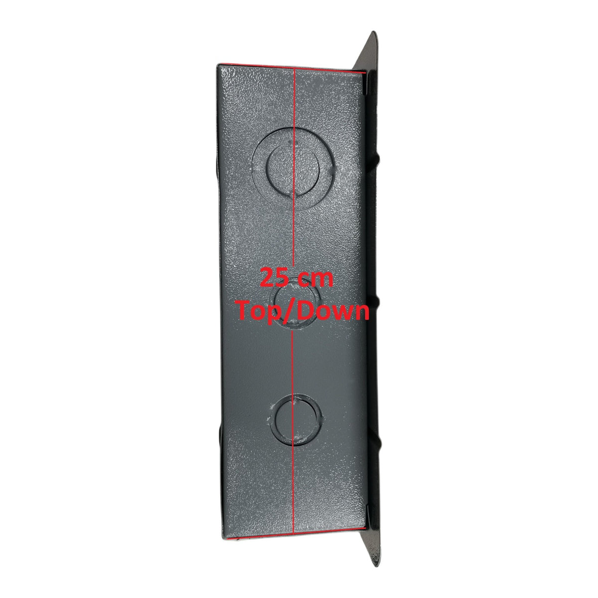 Black rectangular object with circular patterns and measurement text on a white background