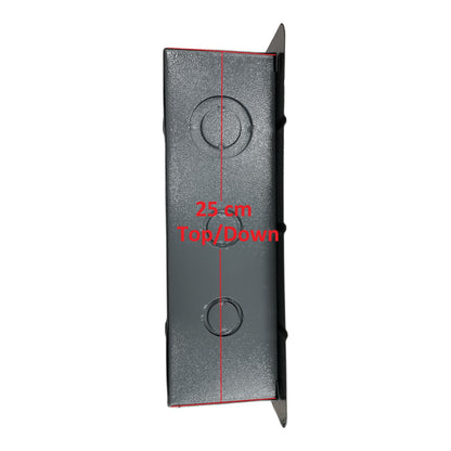 Black rectangular object with circular patterns and measurement text on a white background
