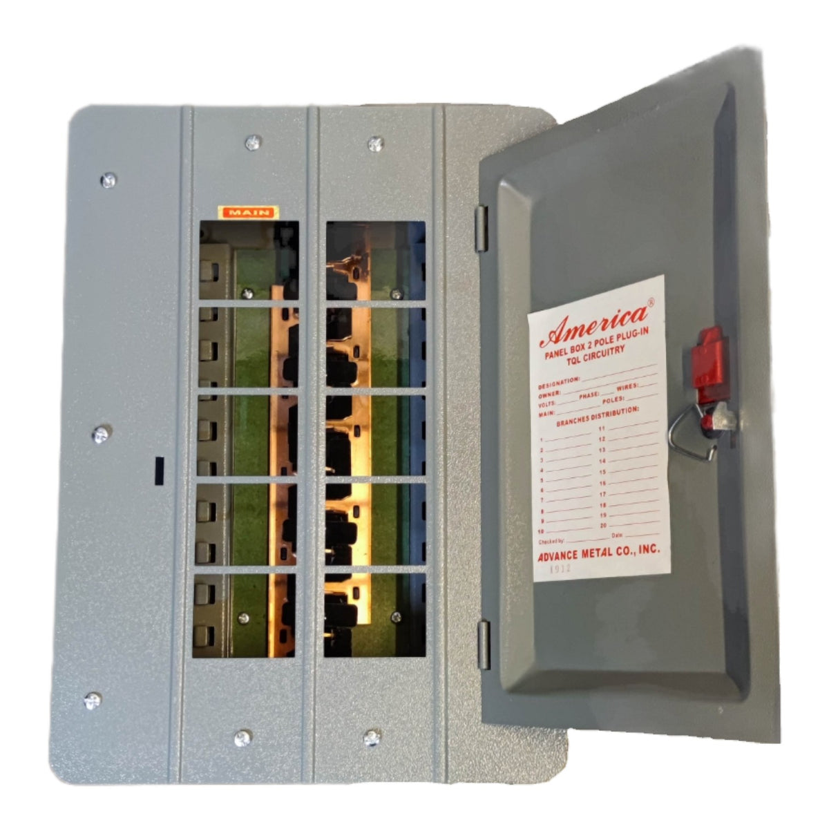 Electrical panel with open cover displaying wiring and labels on a white background