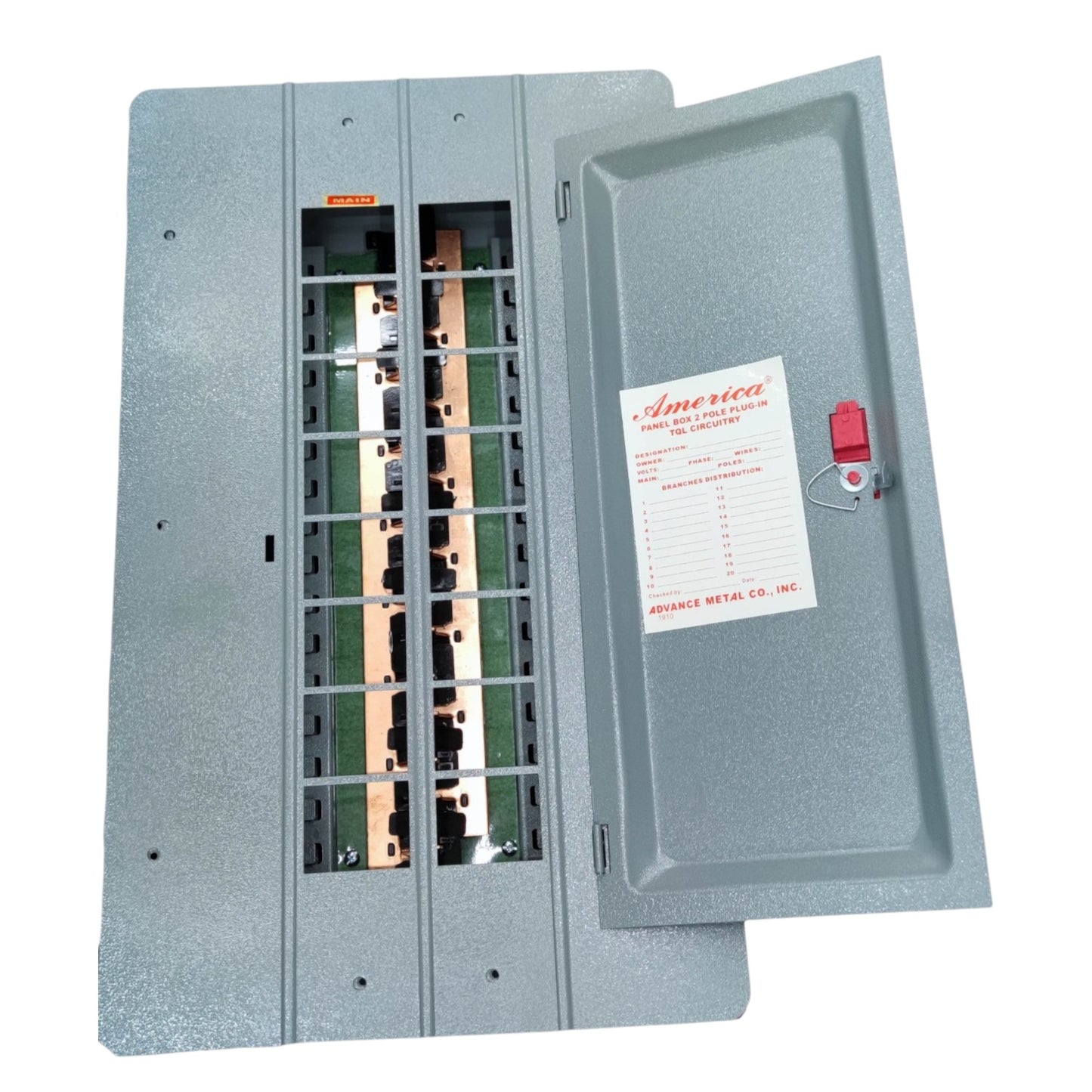 Gray metal security safe with open door on a white background America 8X8 Panel Board 14 Branches 16 Holes Distribution Panel For 2 Pole Plug In Circuit Breaker Flush Mounted Type Electx Electrical Supply