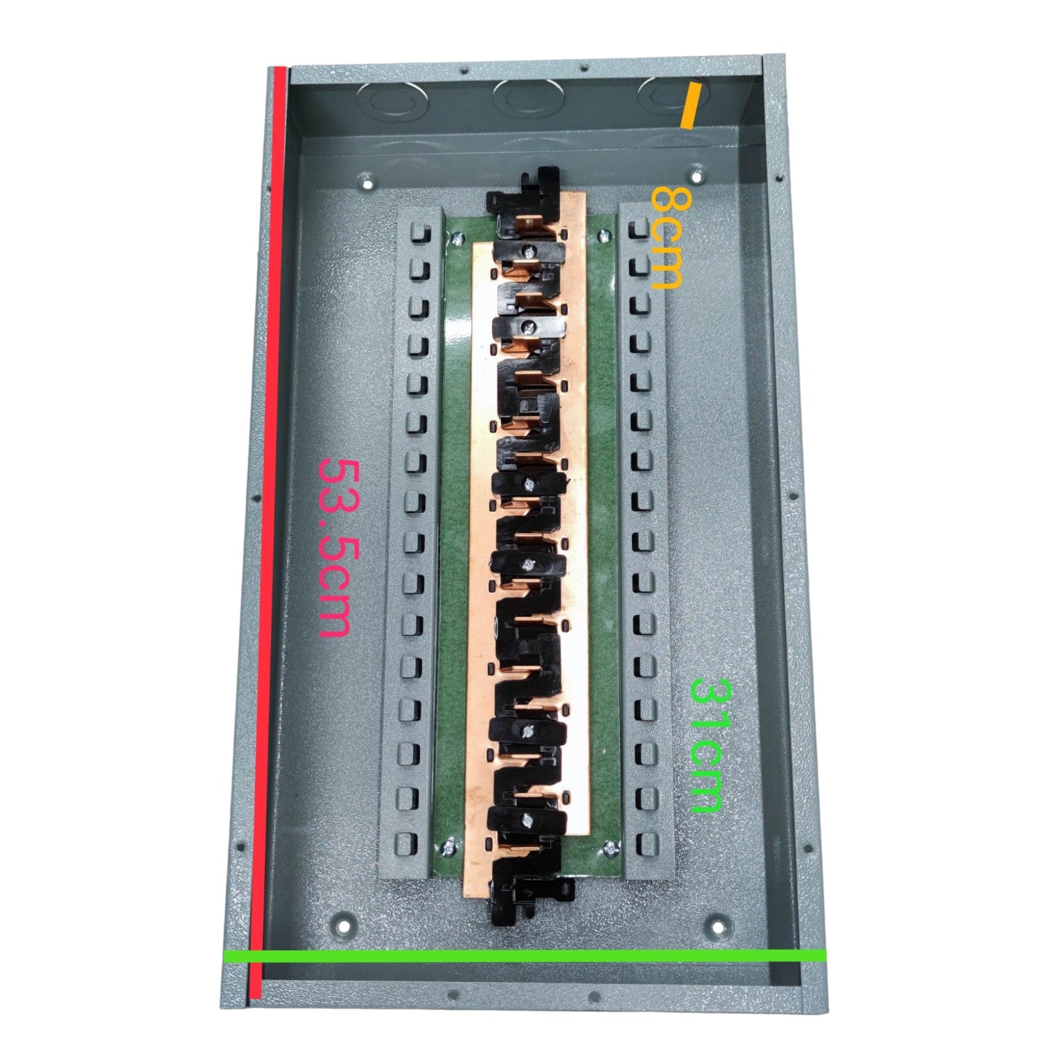 Metal frame with measurement markings on a white background America 8X8 Panel Board 14 Branches 16 Holes Distribution Panel For 2 Pole Plug In Circuit Breaker Flush Mounted Type Electx Electrical Supply
