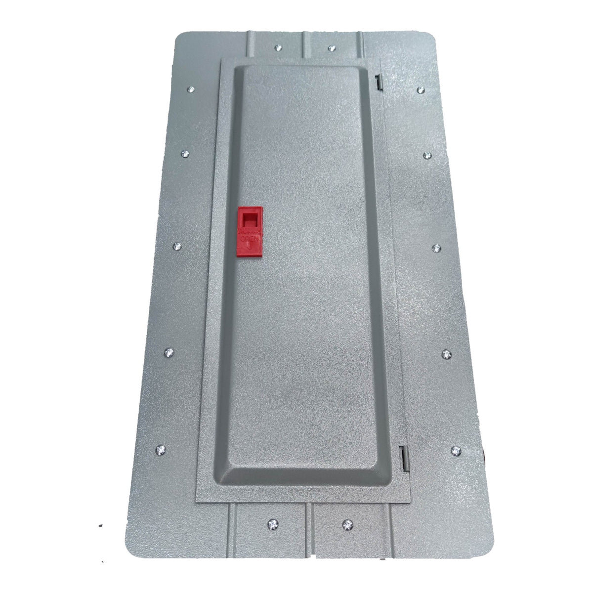 Gray metal plate with a red button on a white background