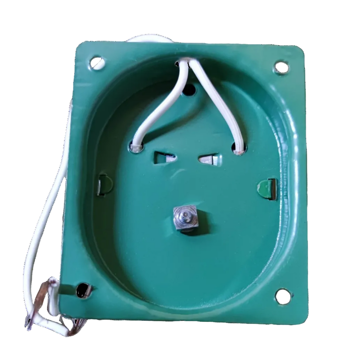 Green 220V metallic buzzer for door chimes and bells with white wiring and mounting holes
