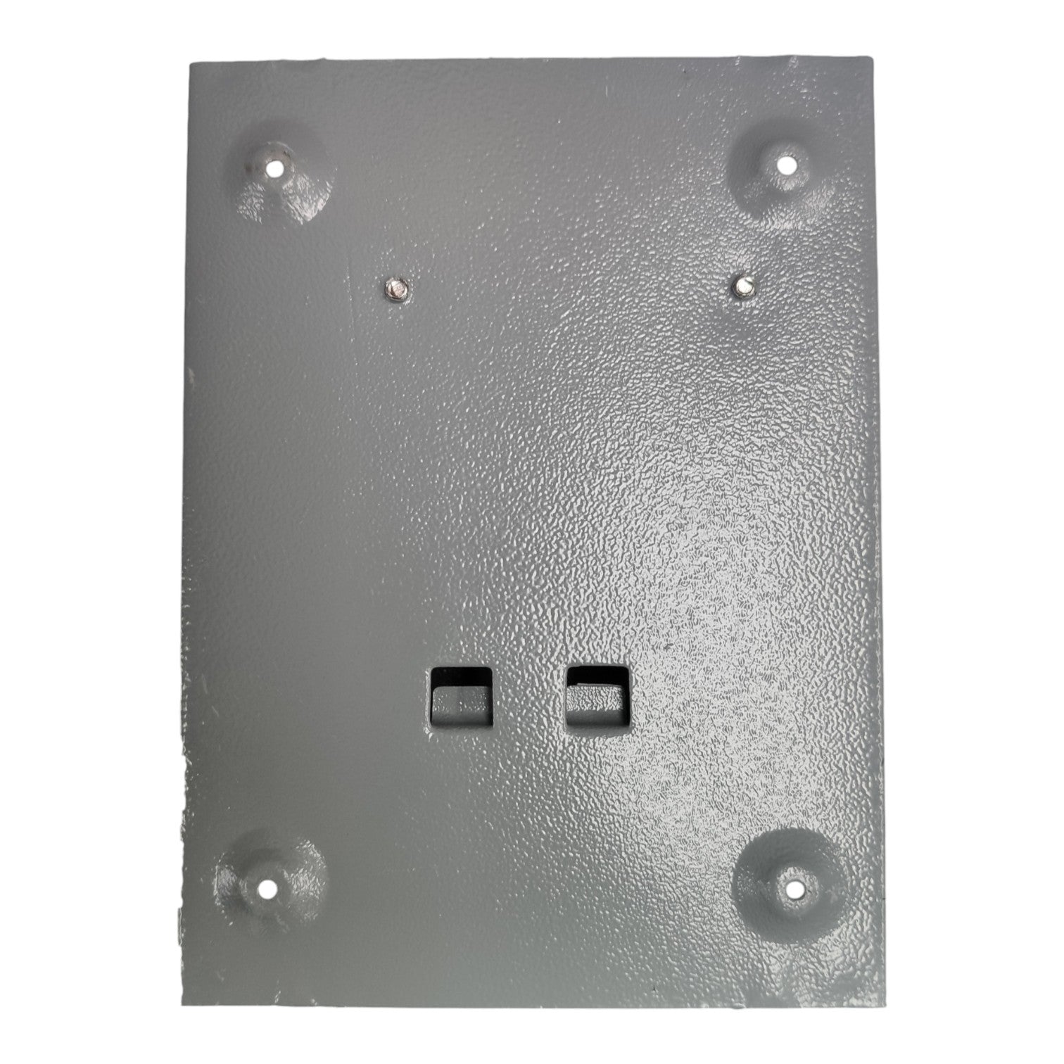Metallic square plate with four holes on a white background
