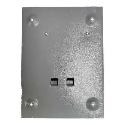 Metallic square plate with four holes on a white background