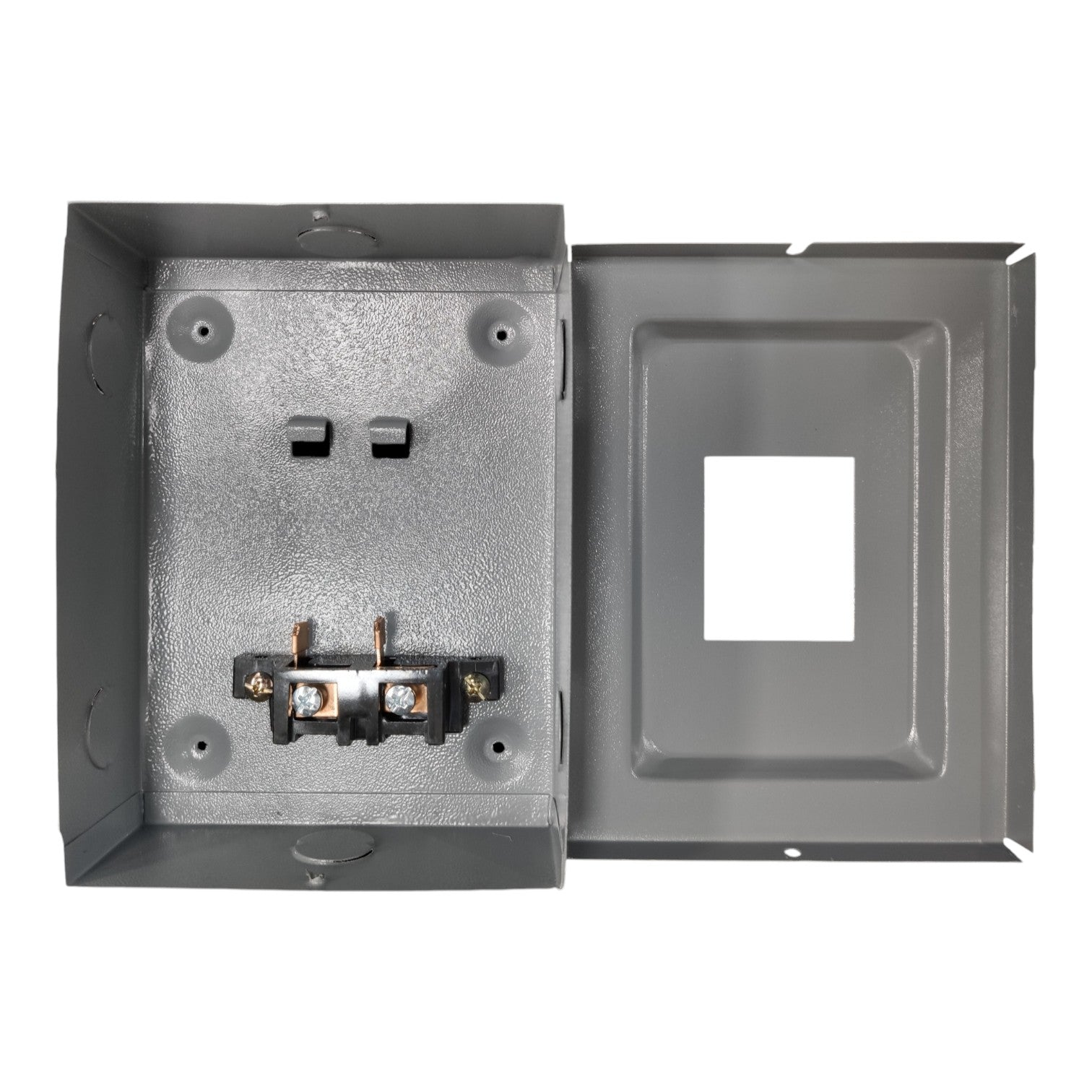 Gray electrical wall plate with wiring and connectors on a white background
