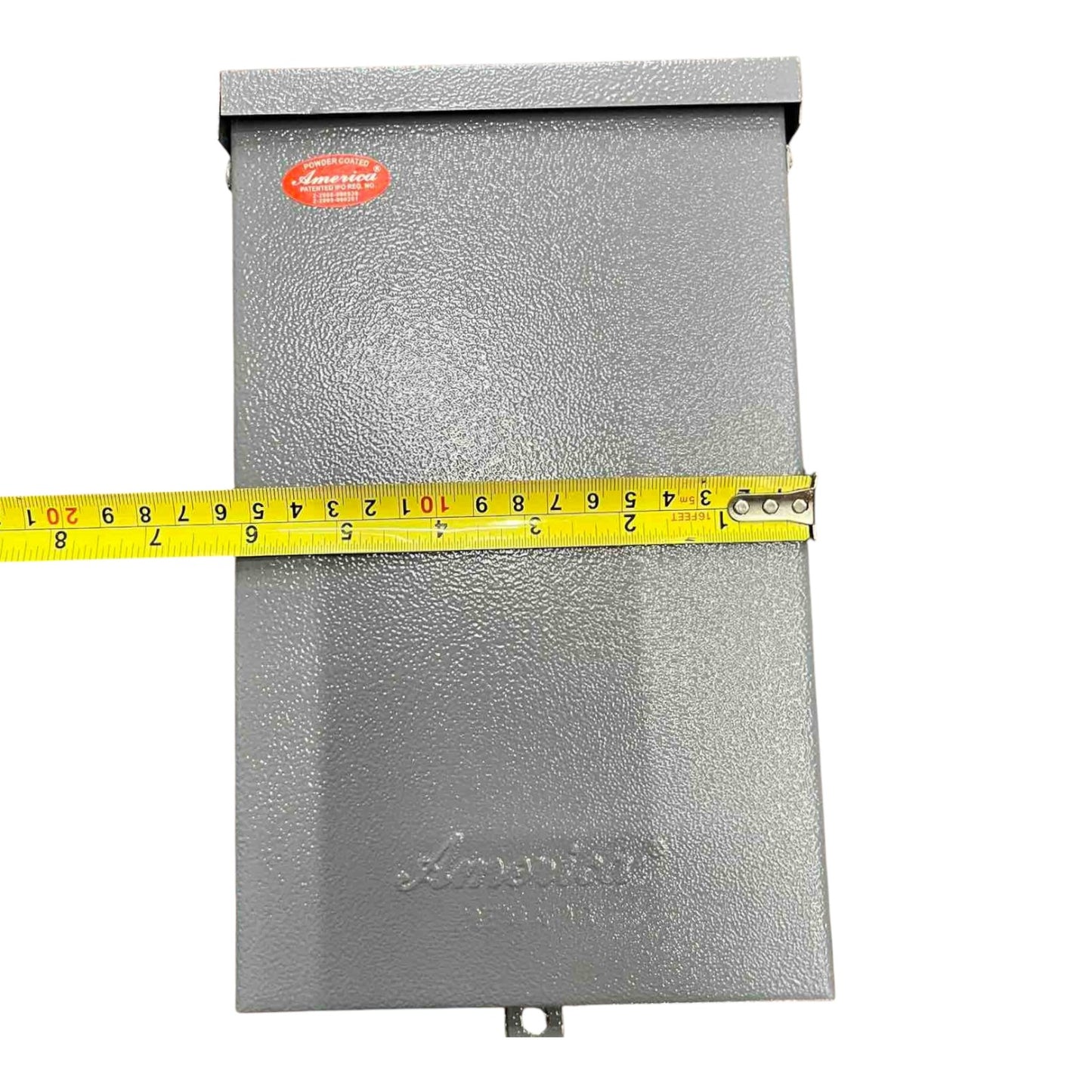 Metallic box with a measuring tape on a white background