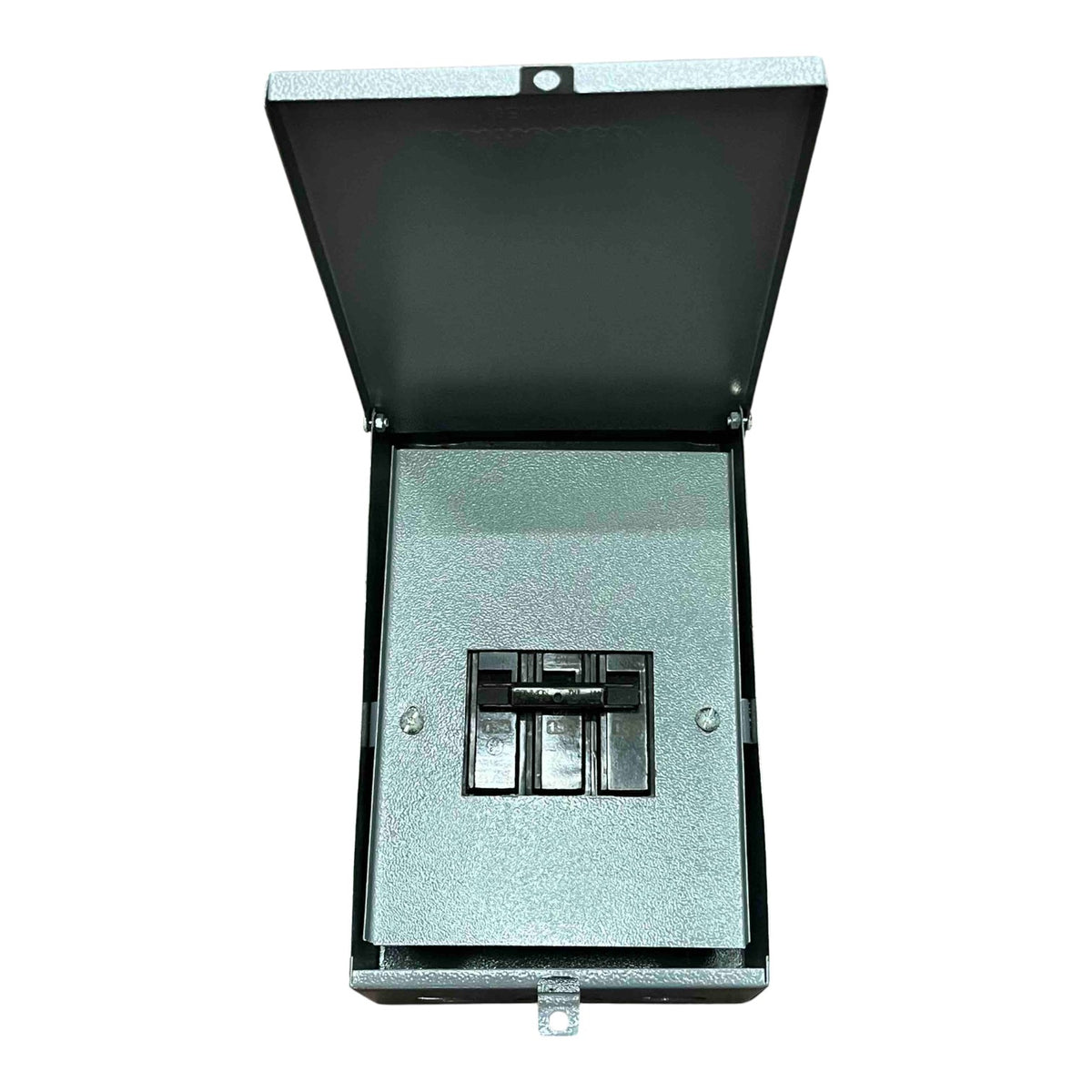Metallic rectangular object with a hinged lid on a white background