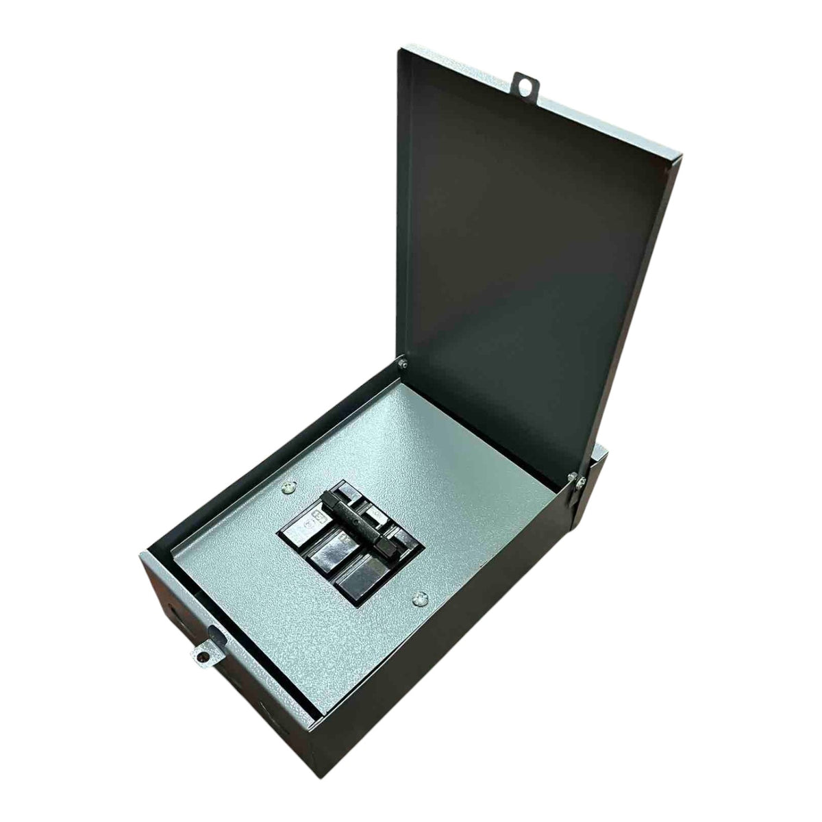 Black metal safe box with a lock on a white background