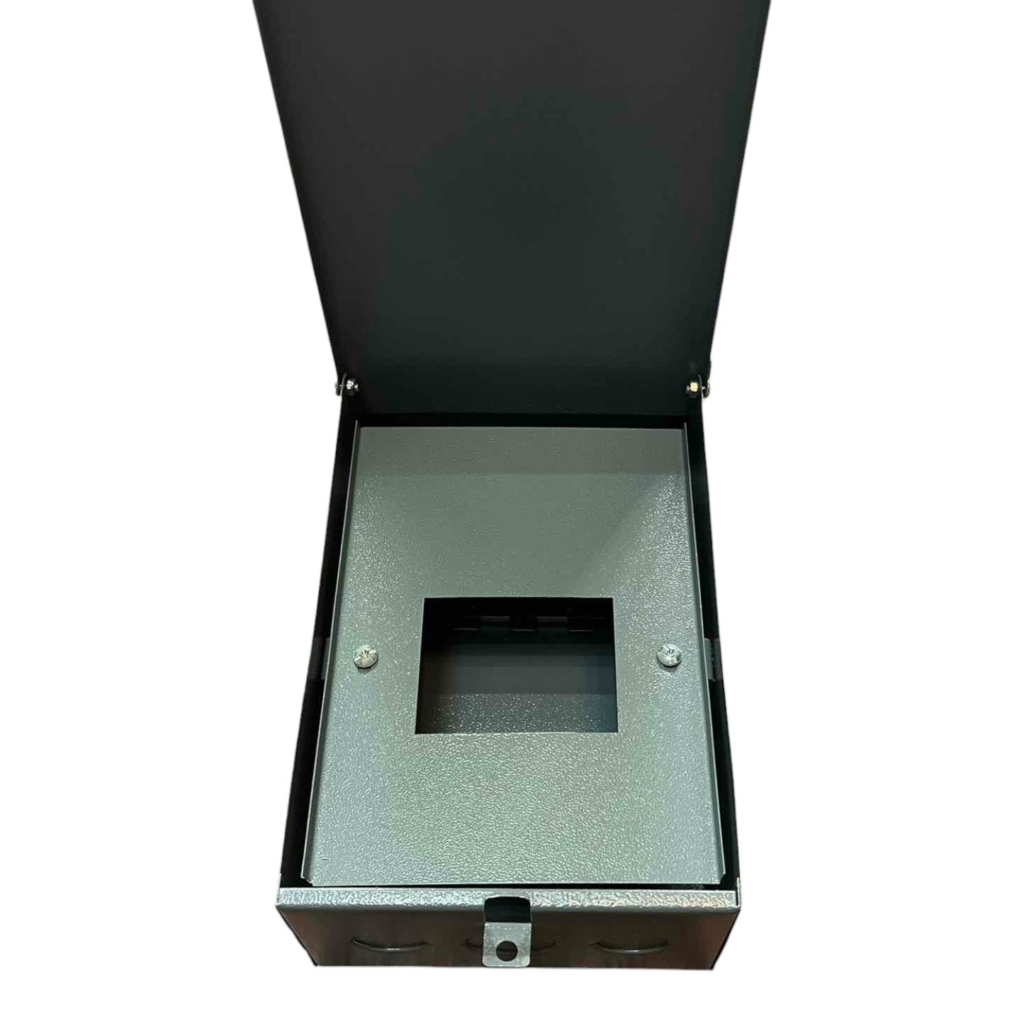 Metallic box with a clear lid on a white background