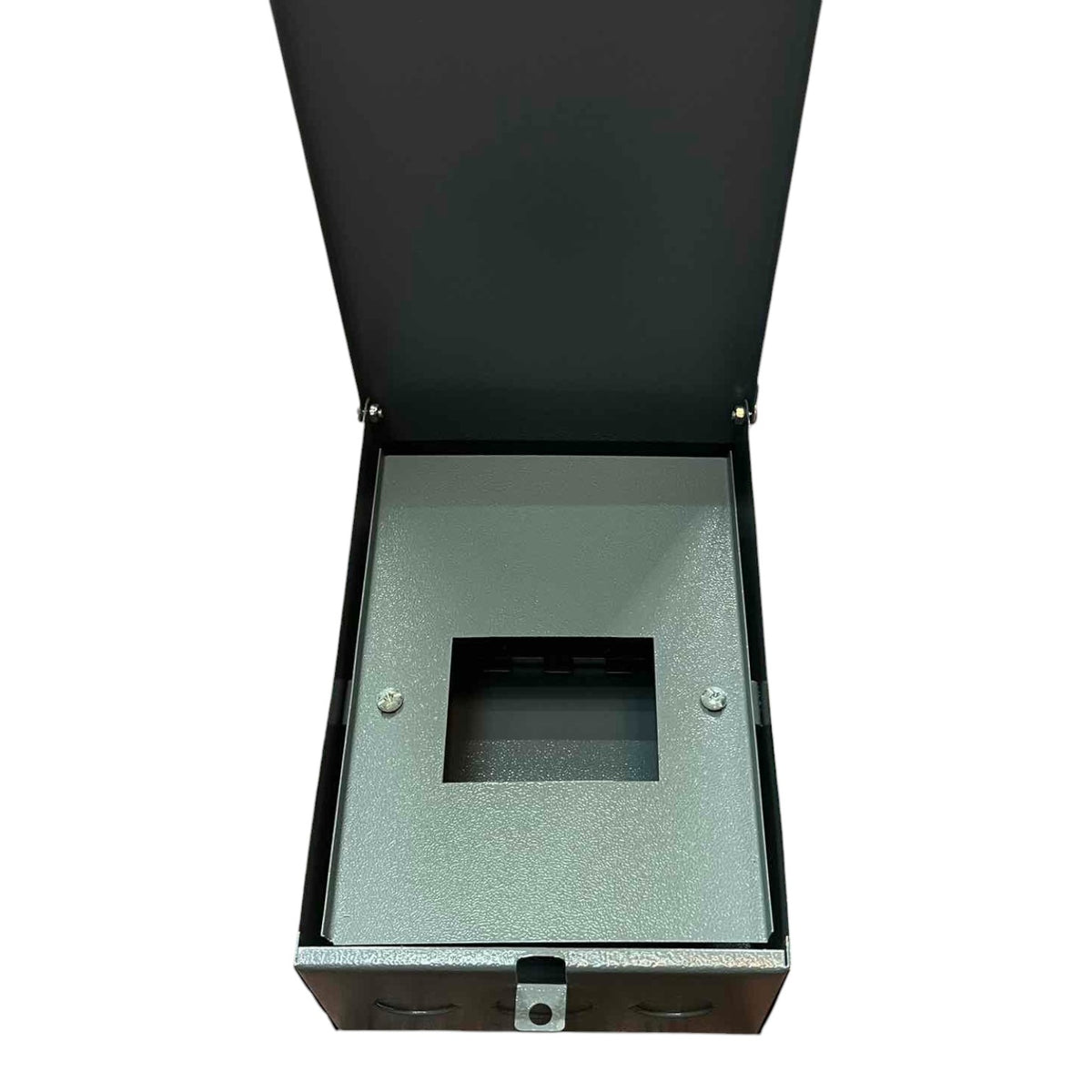 Metallic box with a clear lid on a white background