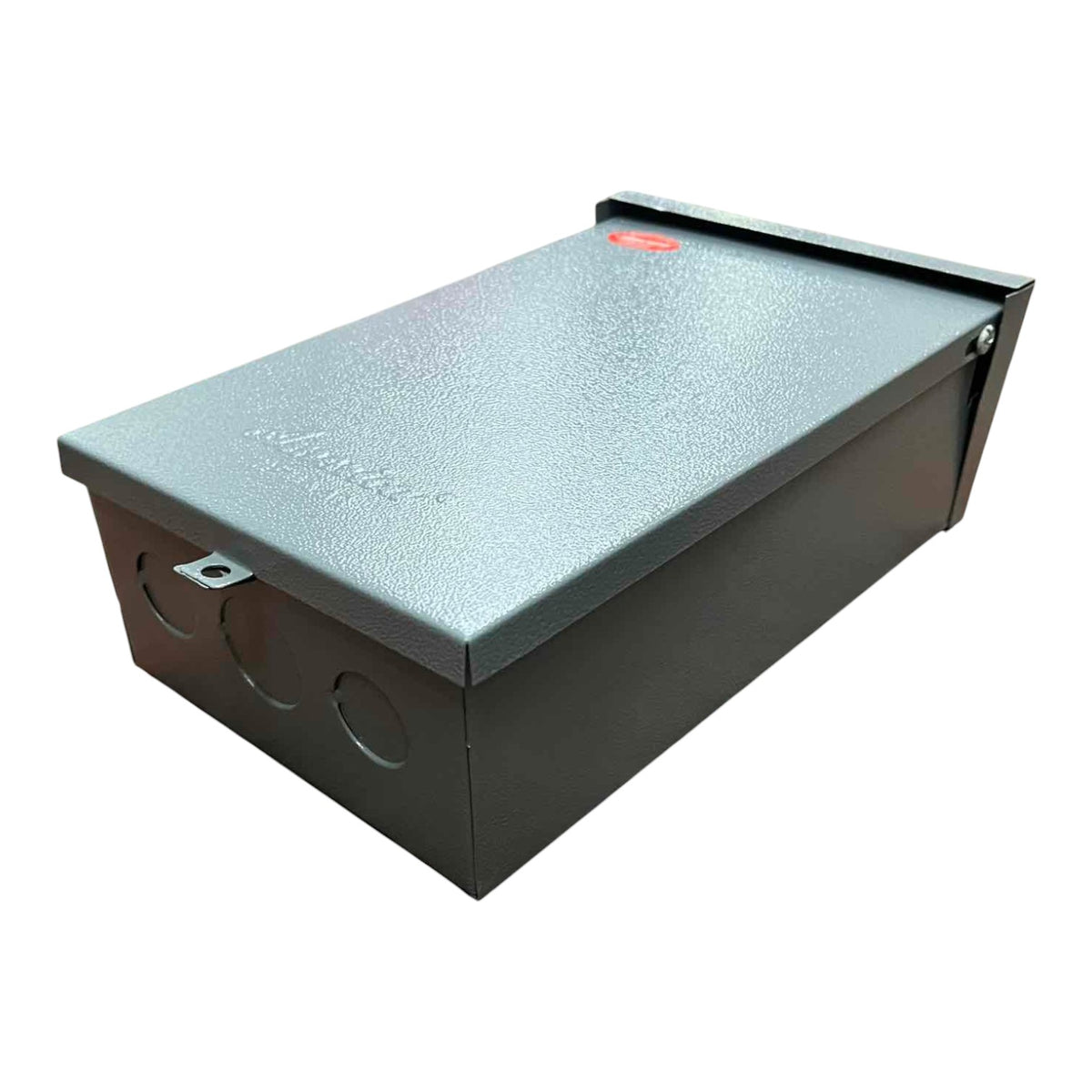 Metallic box with a lid on a white background