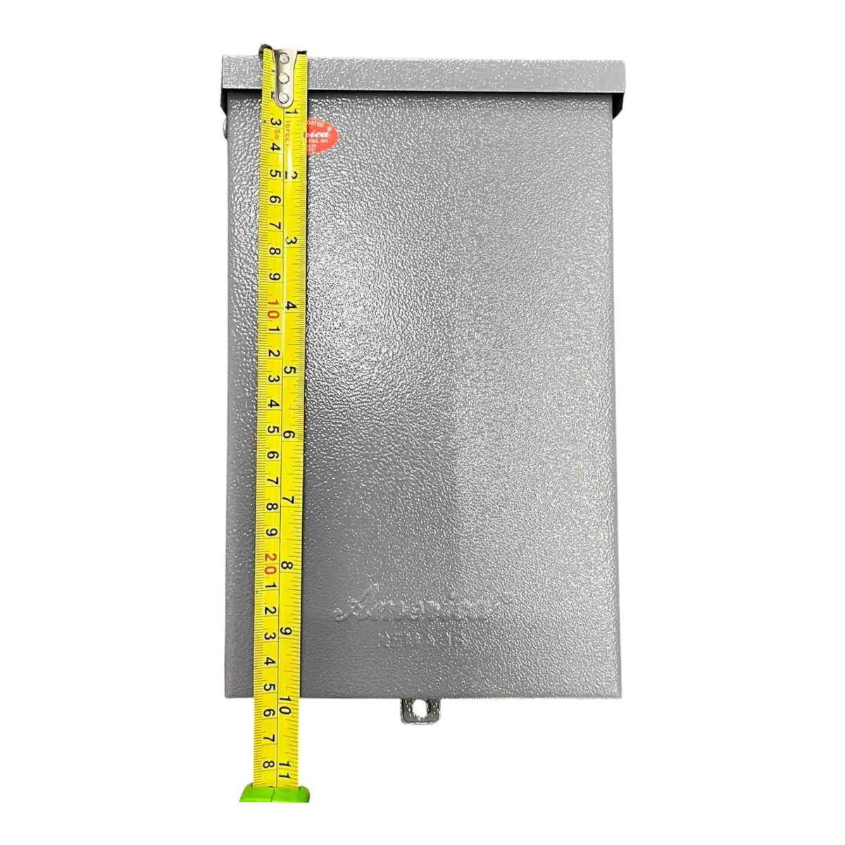 Metal box with a yellow measuring tape on a white background