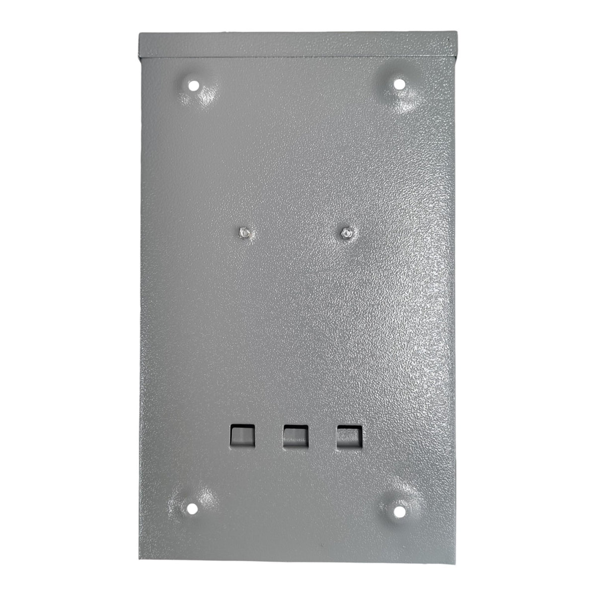 Metallic rectangular panel with holes and slots on a white background