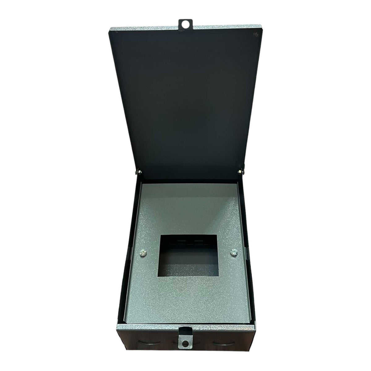 Black metal box with a hinged lid on a white background