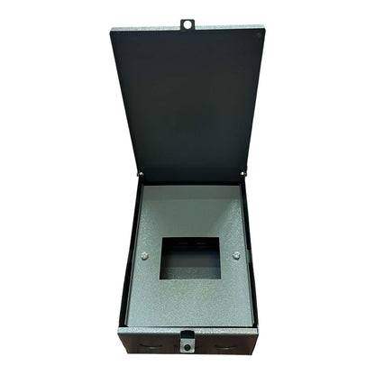 Black metal box with a hinged lid on a white background