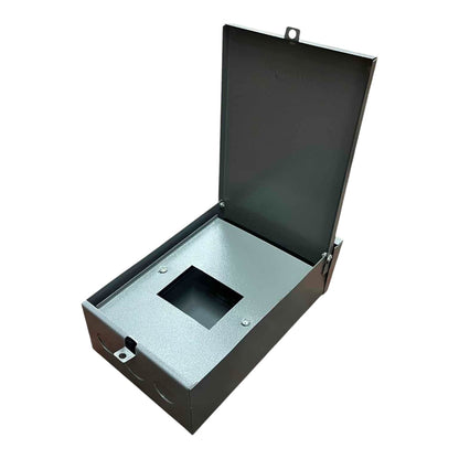 Black metal briefcase with open lid on a white background