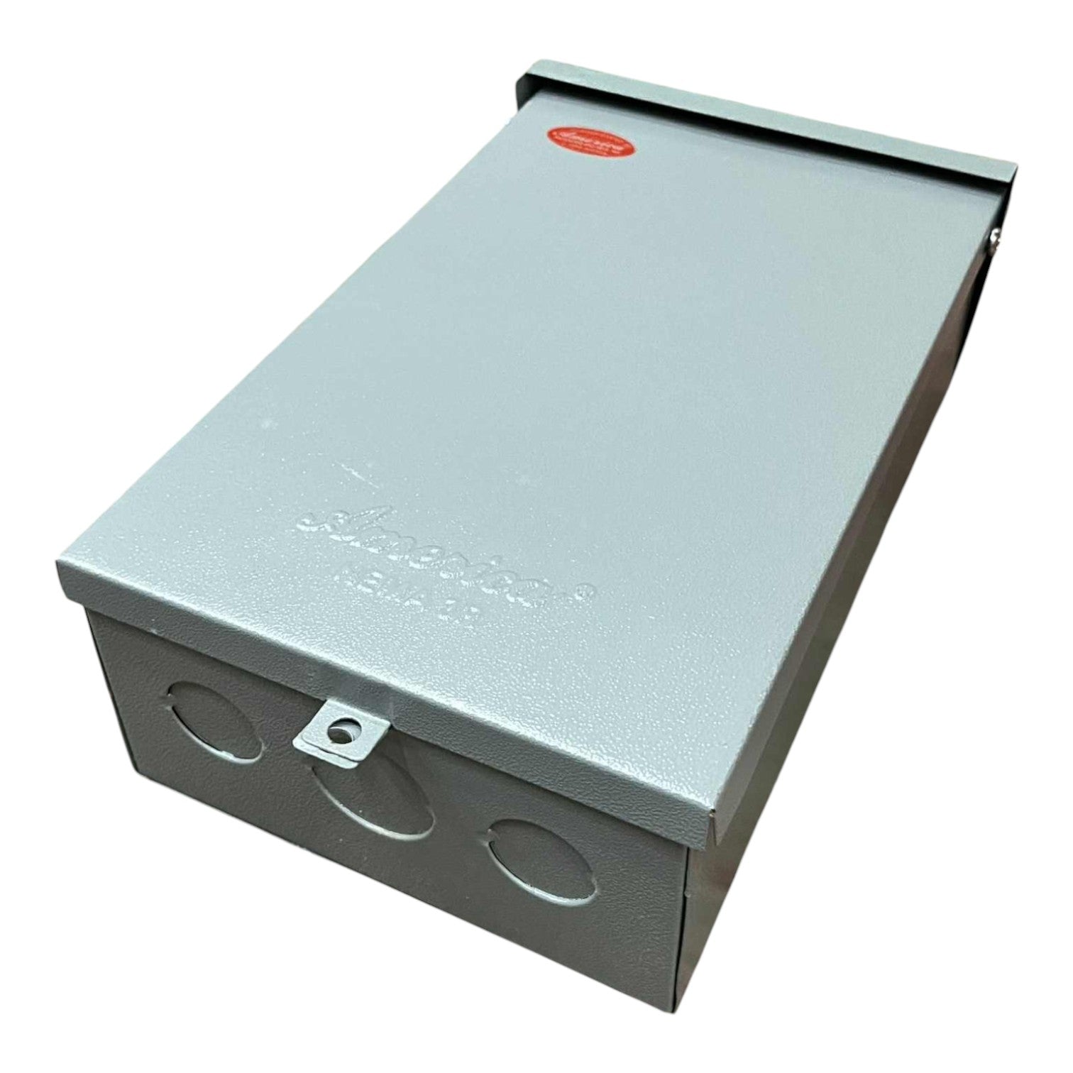 Metallic box with a hinged lid on a white background
