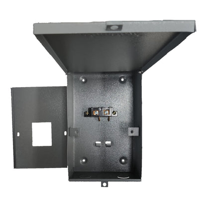 Metal electrical junction box with wiring on a white background
