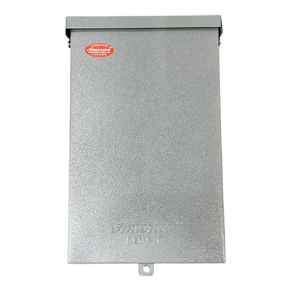 Metallic roller shutter with a brand logo on a white background