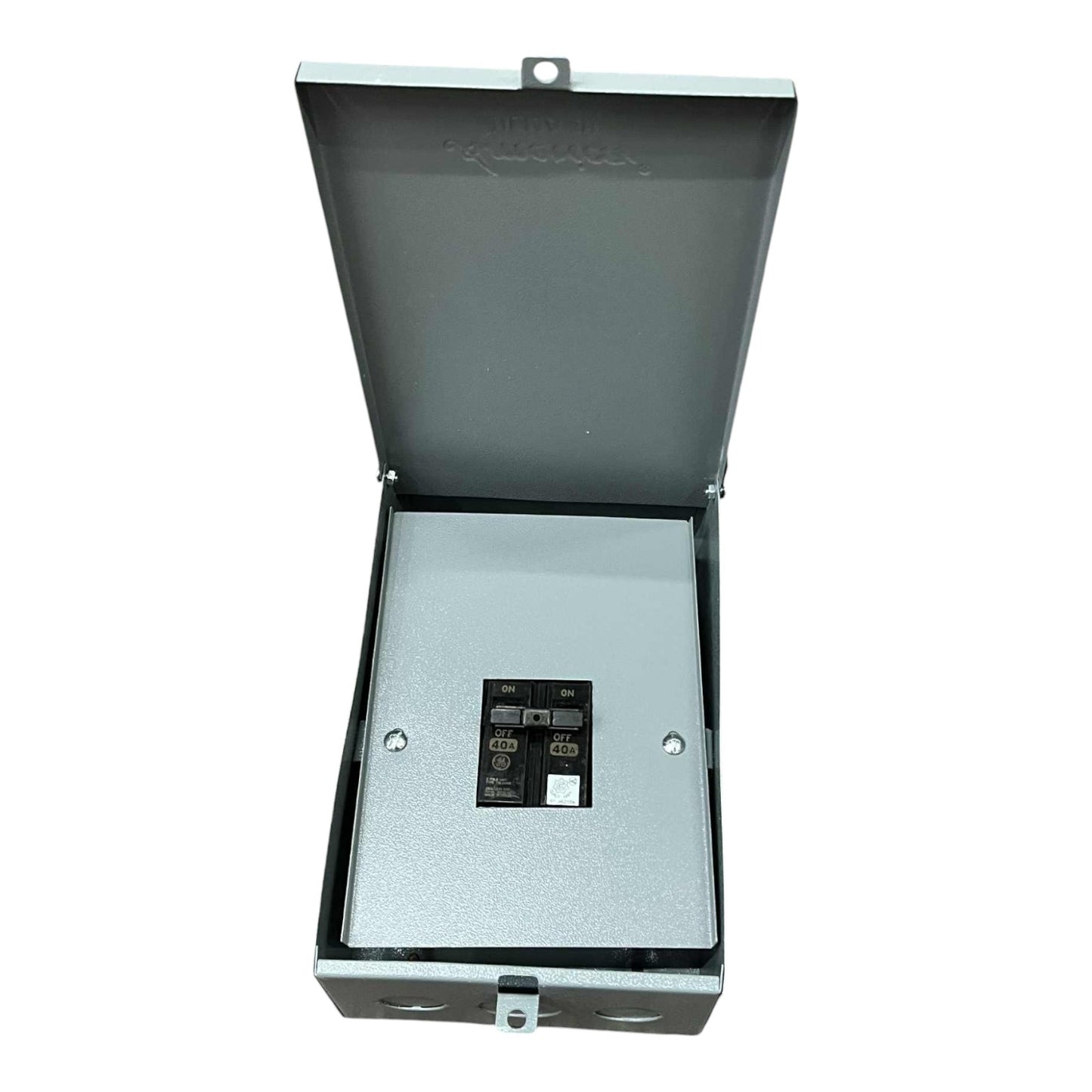 Metal electrical panel box on a white background