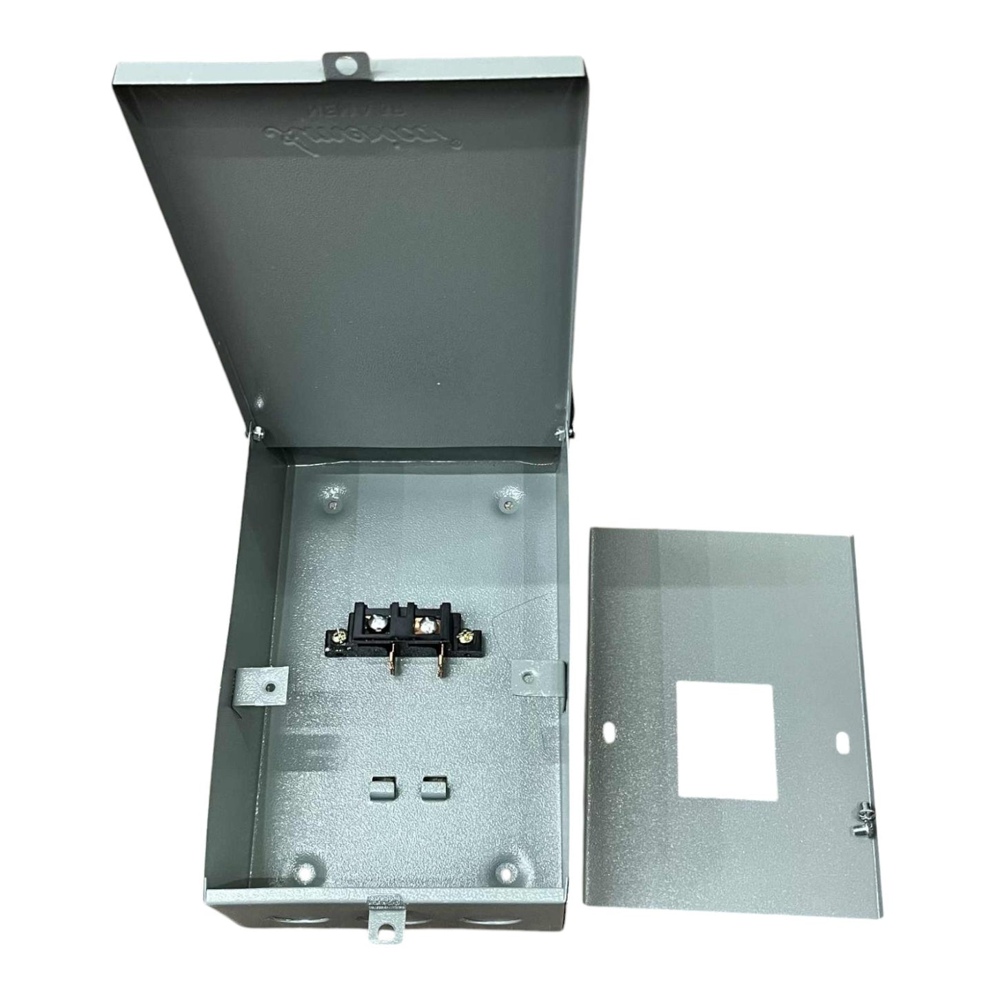 Metal electrical box with cover removed on a white background
