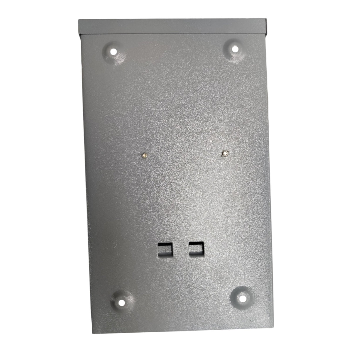 Metallic rectangular panel with two small square holes on a white background
