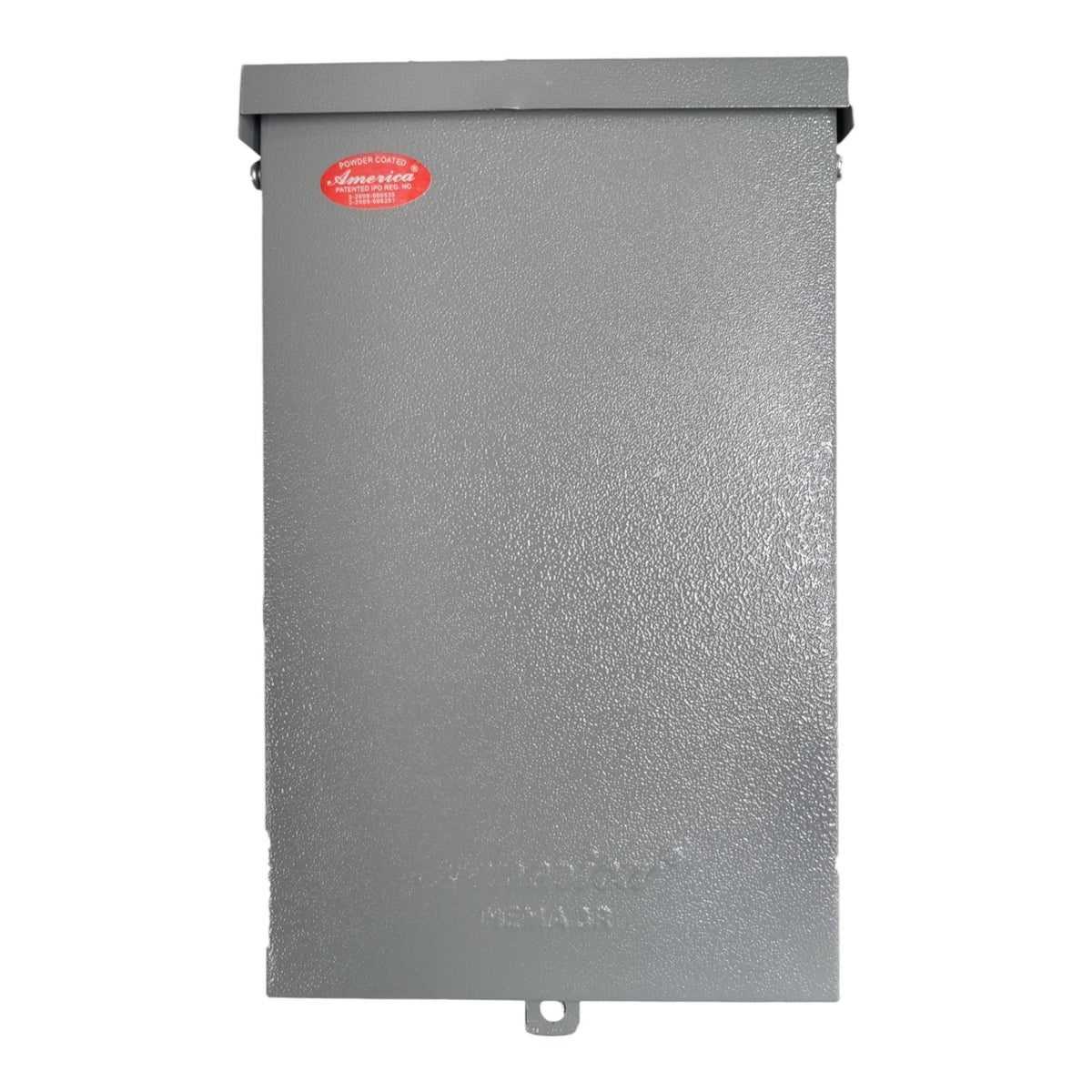 Gray metal box with a red logo on a white background