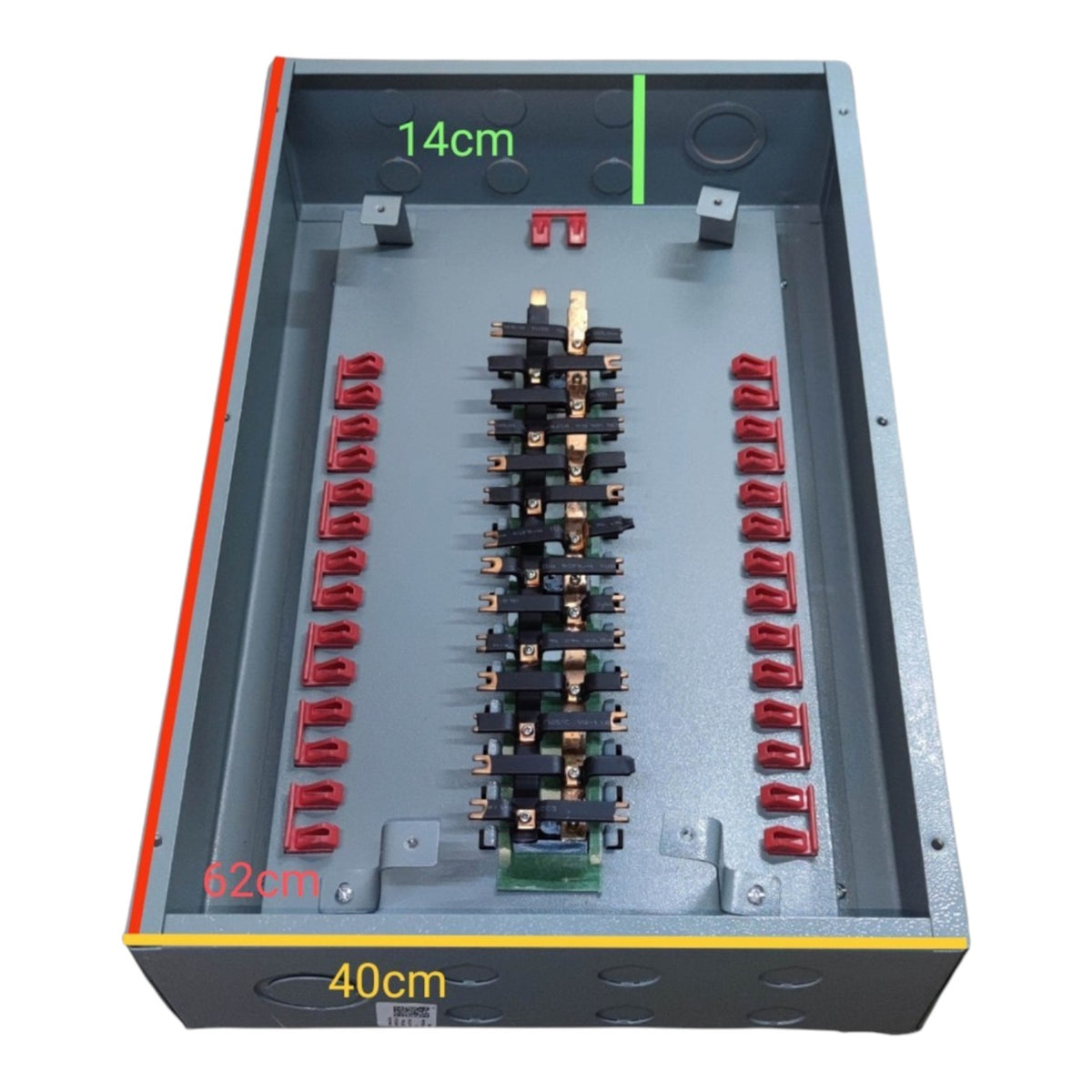 An industrial electrical distribution cabinet shown from a top-down perspective, featuring a gray metal enclosure with a central busbar assembly, red terminal blocks, and green, red, and yellow dimension overlays indicating 40cm width, 14cm height, and 62cm depth.
