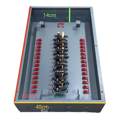 An industrial electrical distribution cabinet shown from a top-down perspective, featuring a gray metal enclosure with a central busbar assembly, red terminal blocks, and green, red, and yellow dimension overlays indicating 40cm width, 14cm height, and 62cm depth.
