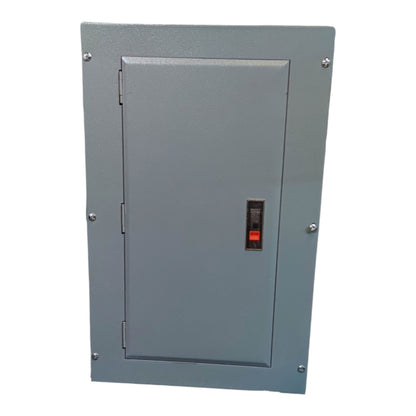 A gray metal electrical panel or utility box with a hinged door, secured with corner screws, featuring a small red and black switch on the front door.