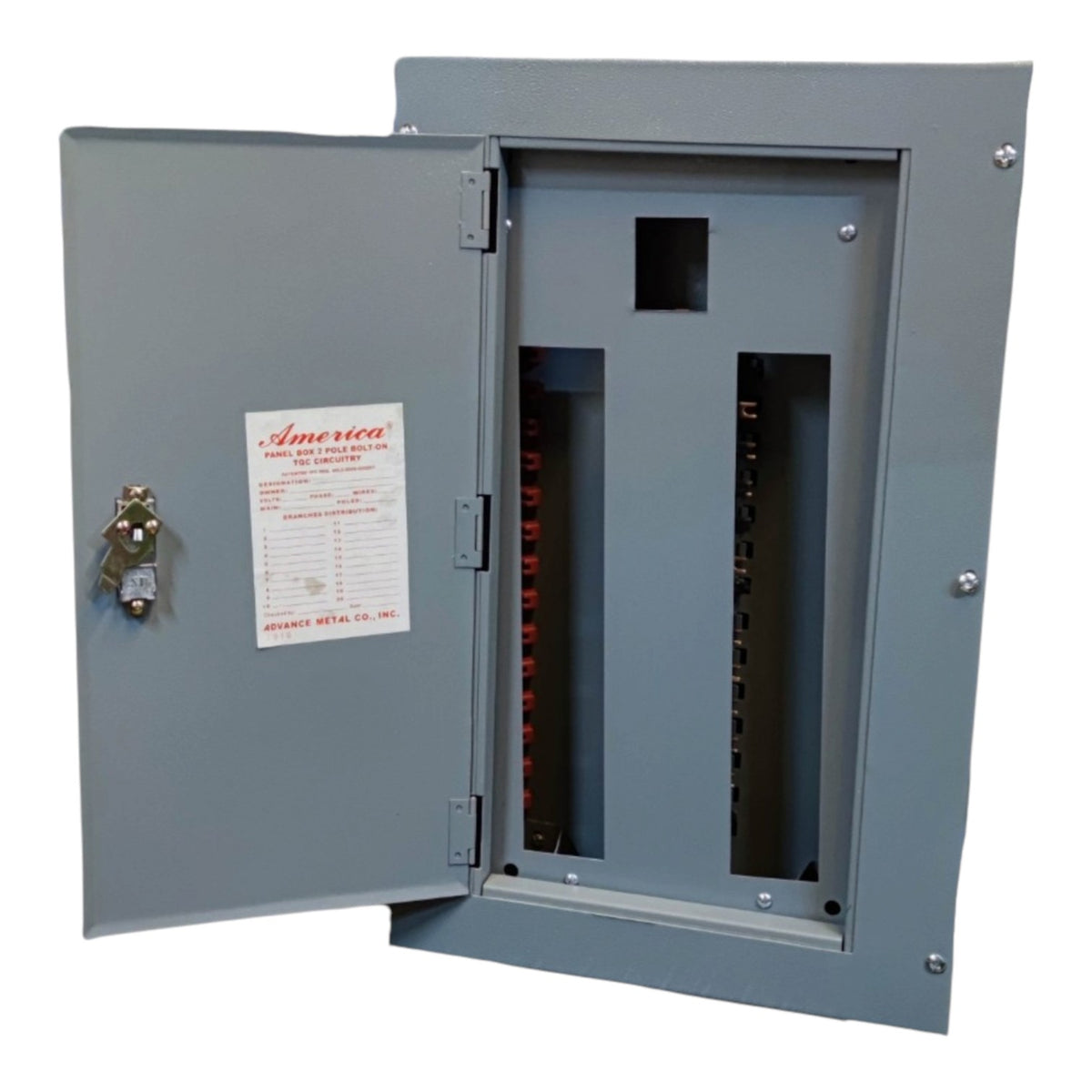 A gray metal electrical panel with the door open, showing internal bus bars and a lock on the door. A white America Electric Co.