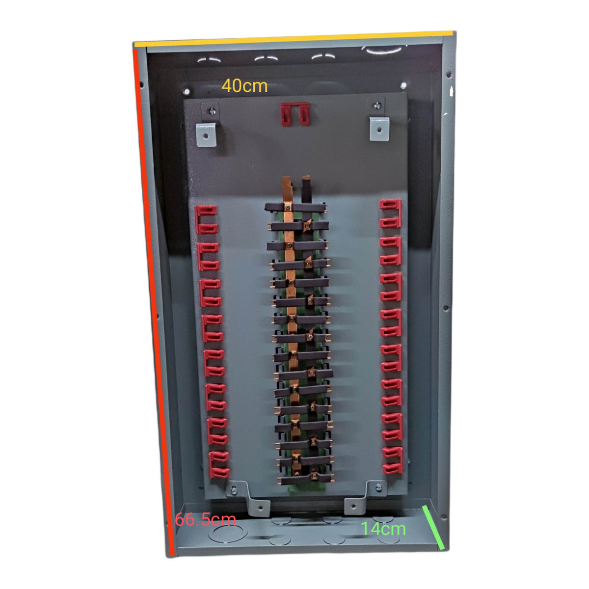 An open electrical distribution panel showing internal busbars, terminal blocks, and dimension markings (40cm, 66.5cm, 14cm) on a plain white background.