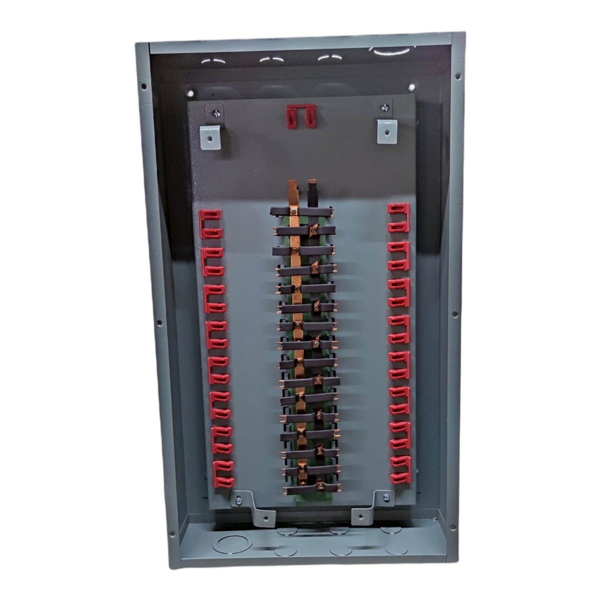 An open gray metal electrical distribution panel showing internal busbars, terminal blocks, and copper-colored connectors on a white background.