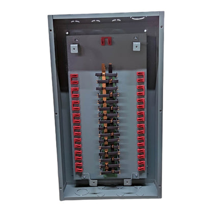 An open gray metal electrical distribution panel showing internal busbars, terminal blocks, and copper-colored connectors on a white background.