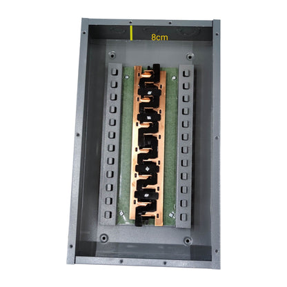 Metallic component with a copper plate and green material inside a gray frame on a white background America Panel Board 6X6 For 2 Pole Plug In Circuit Breaker Side Main 12 Holes Distribution Panel 10 Branches Flush Mounted Electx Electrical Supply