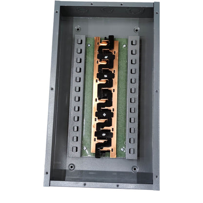 Metallic component with copper and green material inside a gray frame on a white background America Panel Board 6X6 For 2 Pole Plug In Circuit Breaker Side Main 12 Holes Distribution Panel 10 Branches Flush Mounted Electx Electrical Supply