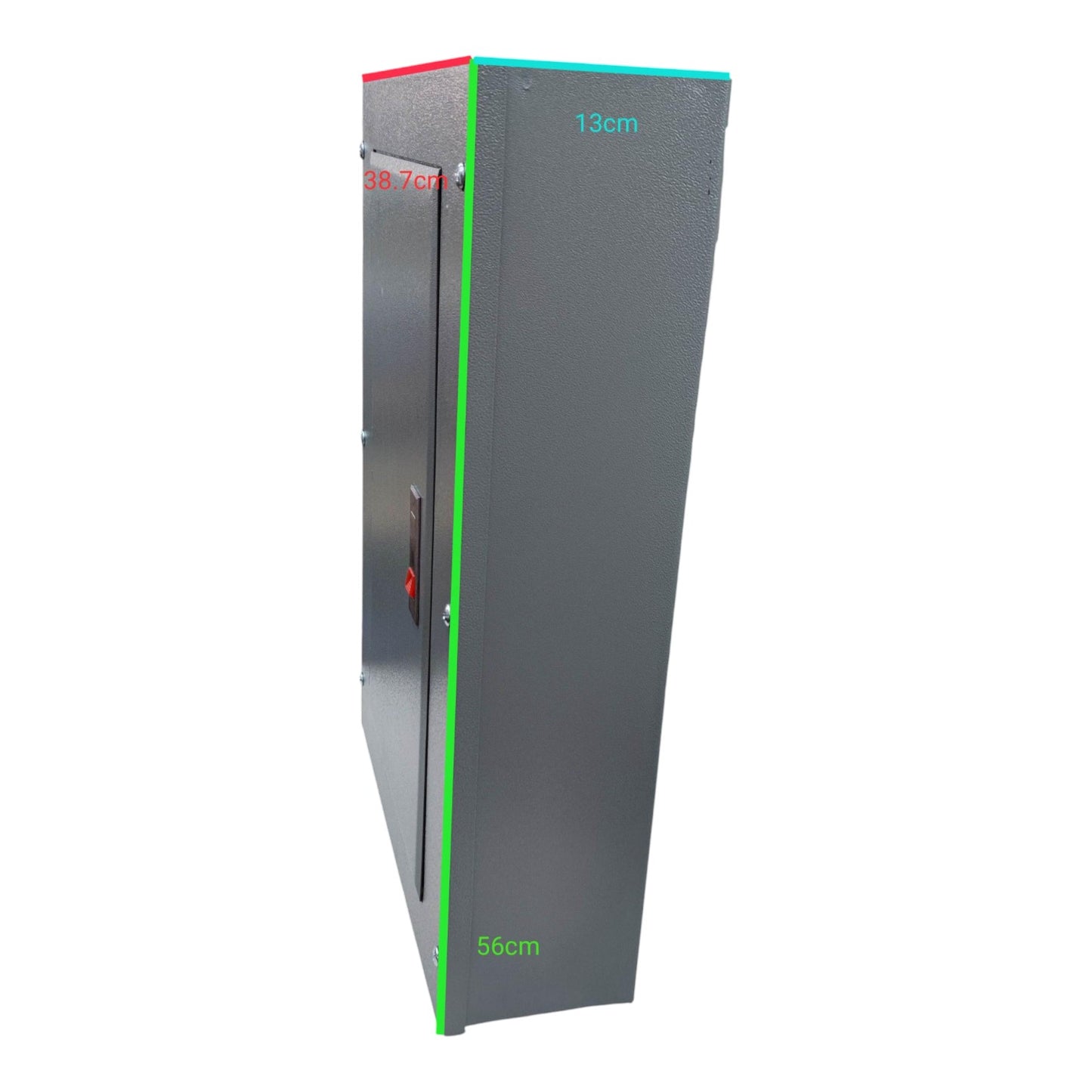 Tall gray cabinet with green measurement markings on a white  America Panel Board Center 12 Branches Main for 2 Pole Bolt On Circuit Breakers Surface type or Flush Type Mounting Electx Electrical Supplybackground