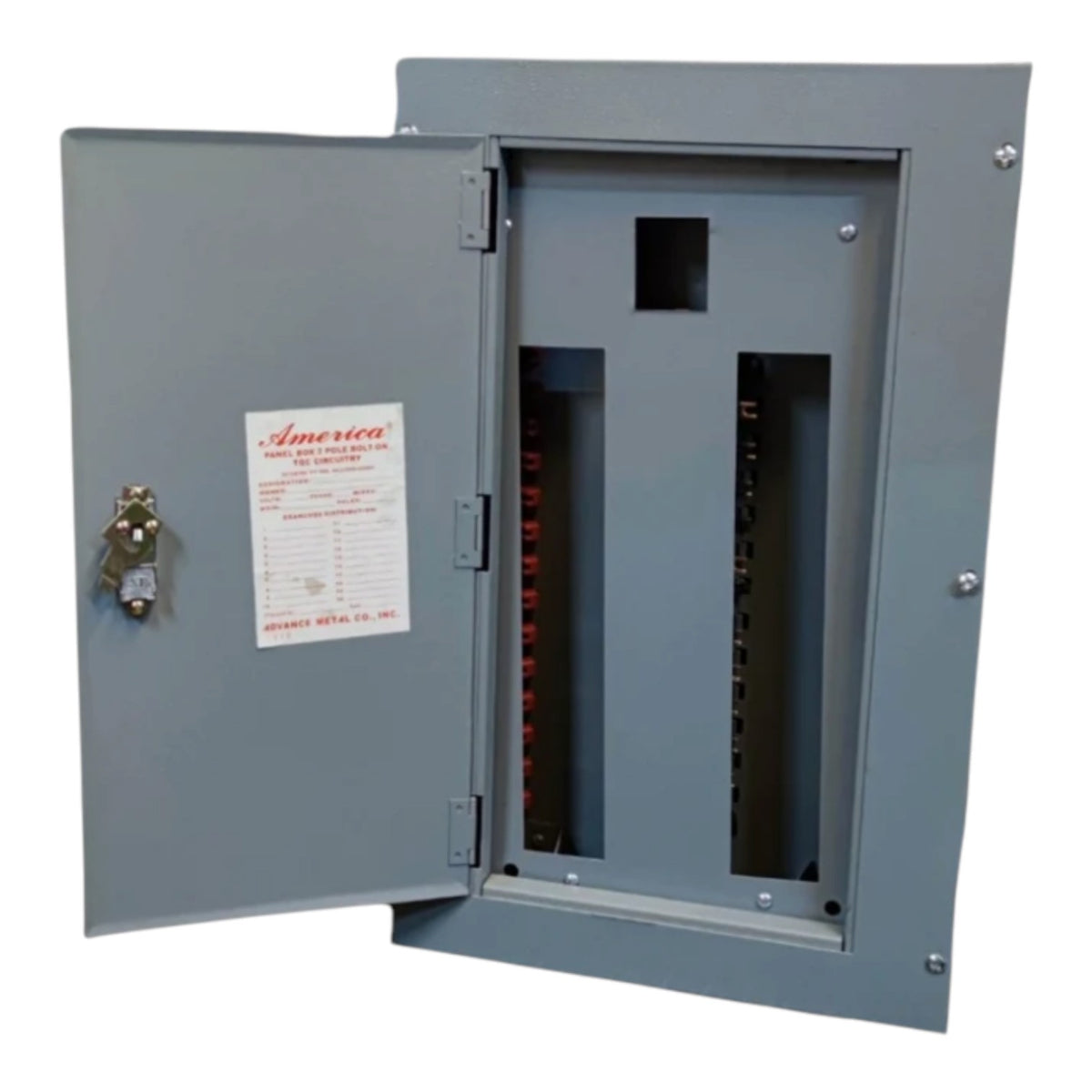 A gray metal electrical panel with the door open, showing internal breaker slots and a lock on the outside door. A white America Electric Co.