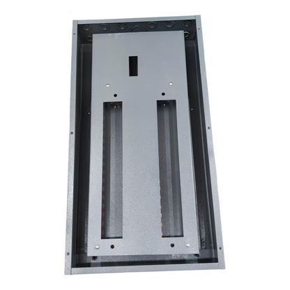 A heavy-duty rectangular metal cabinet or enclosure frame, featuring a textured gray finish, pre-drilled mounting holes, and two long vertical recessed channels, shown on a plain white background.