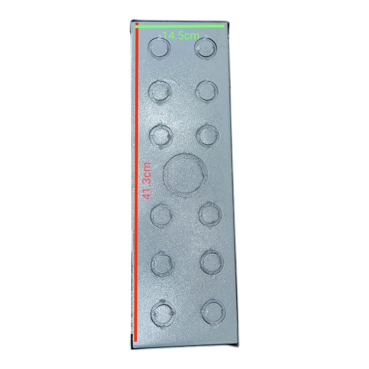 A rectangular metallic panel with multiple circular recessed wells, shown on a plain white background with red and green dimension lines and text indicating measurements.